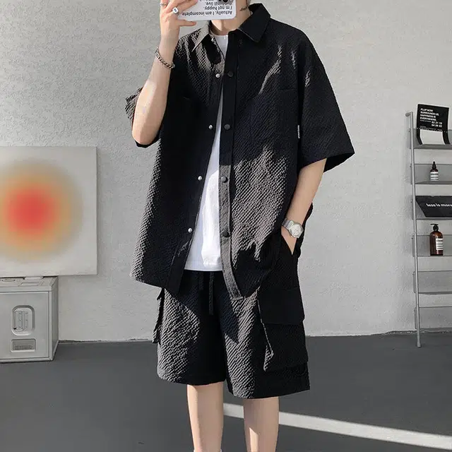 零氏 肌理感宽松大码短袖青春时尚潮流个性简约设计感痞帅气舒适休闲薄款衬衫套装 男女同款