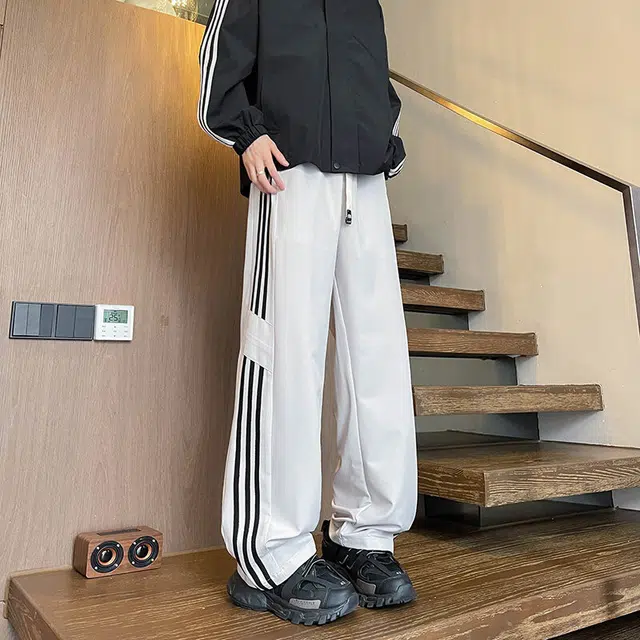 零氏 美式高街复古潮流三条纹撞色对称设计感折痕刺绣系带宽松百搭直筒运动裤休闲裤 男女同款