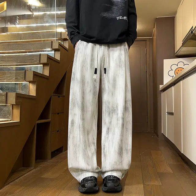 零氏 美式复古潮流拼接设计感抽绳系带扎染渐变脏脏直筒大码日常通勤宽松百搭休闲裤 男女同款