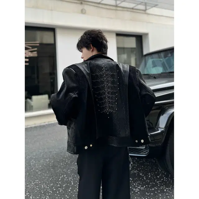 零氏 美式高街小众钉珠刺绣蟒蛇设计感皮衣个性休闲百搭宽松潮牌短款长袖外套夹克 男女同款