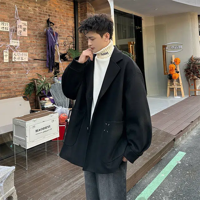 零氏 港风纯色宽松潮流百搭青春时尚毛呢西装领长袖大衣 男女同款