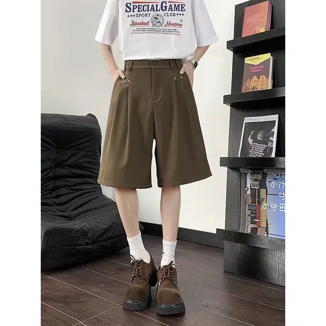 零氏 美式复古褶皱设计潮牌简约夏季舒适垂感纯色百搭时尚宽松阔腿直筒西装五分休闲短裤 男女同款