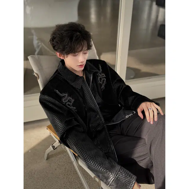 零氏 美式高街小众钉珠刺绣蟒蛇设计感皮衣个性休闲百搭宽松潮牌短款长袖外套夹克 男女同款