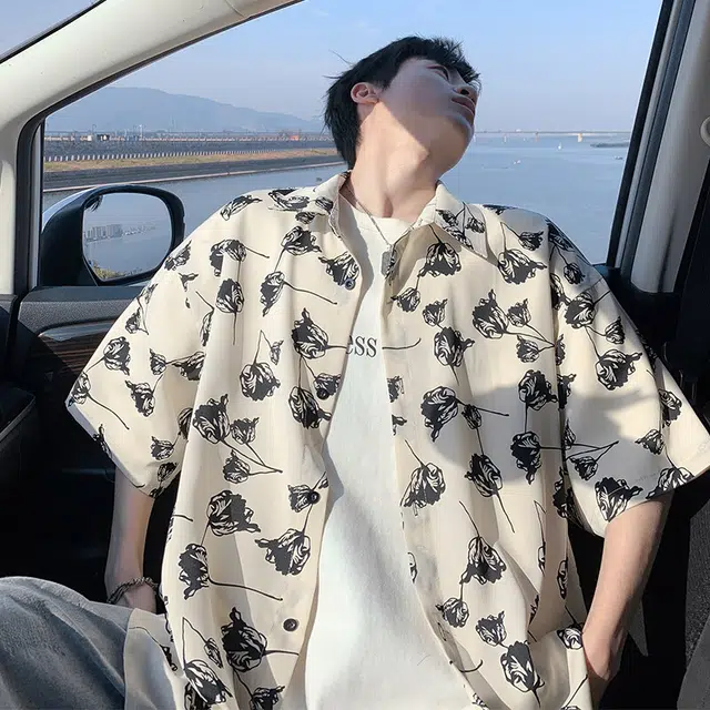 零氏 美式复古玫瑰满印宽松翻领冰感顺滑简约冰丝凉感垂感宽松高街简约衫衬衫 男女同款