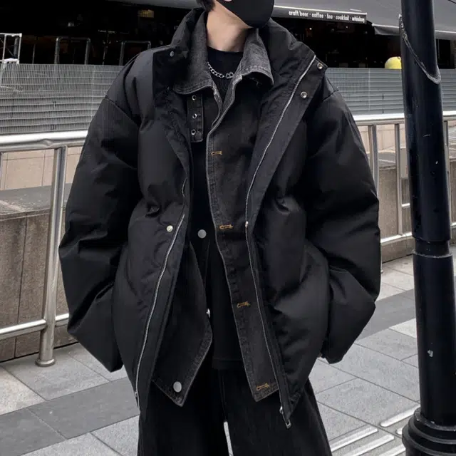 零氏 韩版潮流面包服假两件拼接牛仔男士秋冬款时尚帅气宽松立领保暖长袖棉服 男女同款