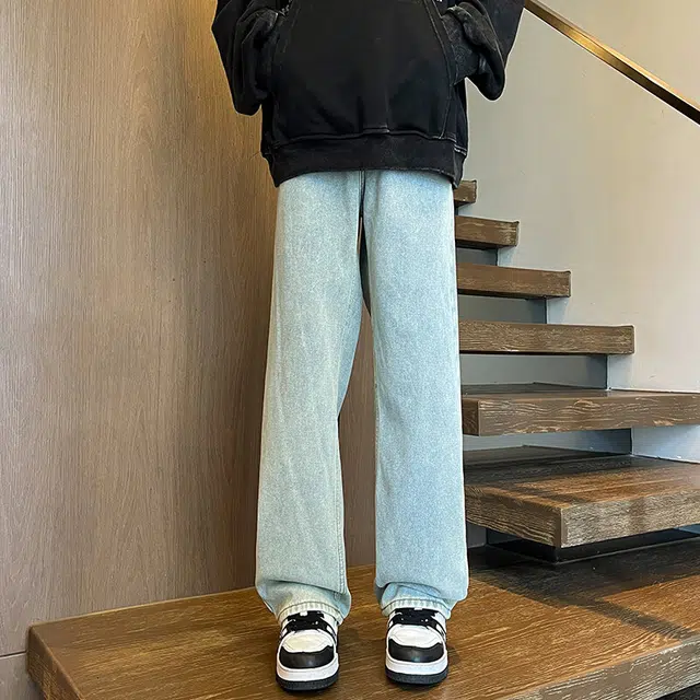 零氏 美式复古潮流水洗做旧简约基础款长裤高街潮牌宽松百搭舒适休闲微喇直筒阔腿牛仔裤 男女同款