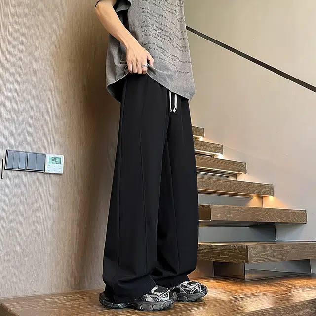 零氏 纯色基础款垂感阔腿宽松抽绳拖地冰丝休闲裤 男女同款