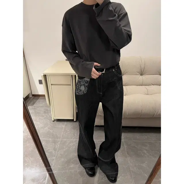 零氏 美式复古提花解构拼接设计宽松百搭休闲直筒长裤微喇阔腿牛仔裤 男女同款