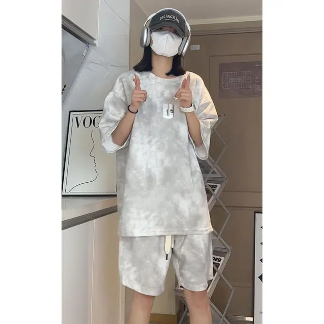 零氏 美式复古舒适短袖上衣时尚时髦经典潮流短裤休闲运动套装 男女同款