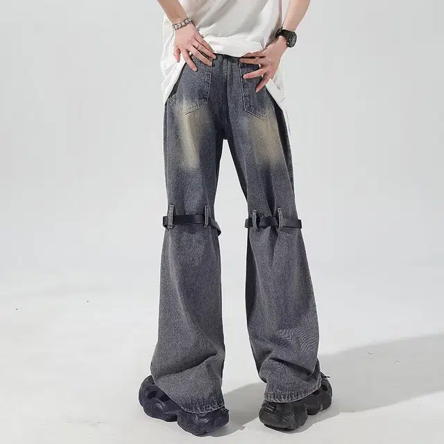 零氏 美式复古高街做旧皮带拼接破洞设计小众潮牌工装休闲百搭宽松微喇阔腿牛仔裤 男女同款
