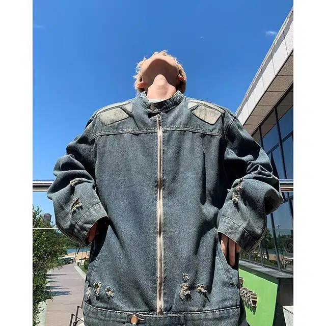 零氏 美式小众破洞毛边工装春秋季设计感解构复古立领机车牛仔外套 男女同款