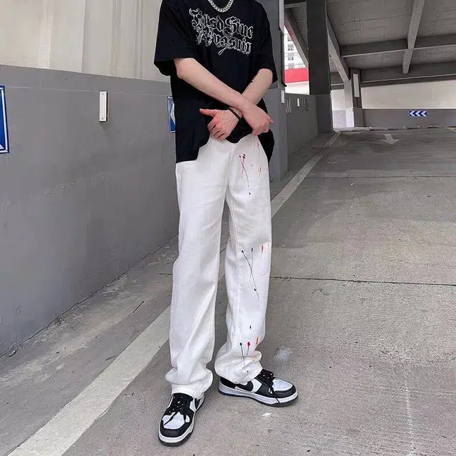 零氏 美式复古高街潮流泼墨设计宽松百搭时尚长裤垂感休闲直筒牛仔裤 男女同款