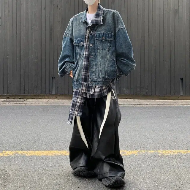 零氏 美式高街潮流假两件牛仔格子不规则设计感宽松休闲百搭开衫夹克外套  男女同款