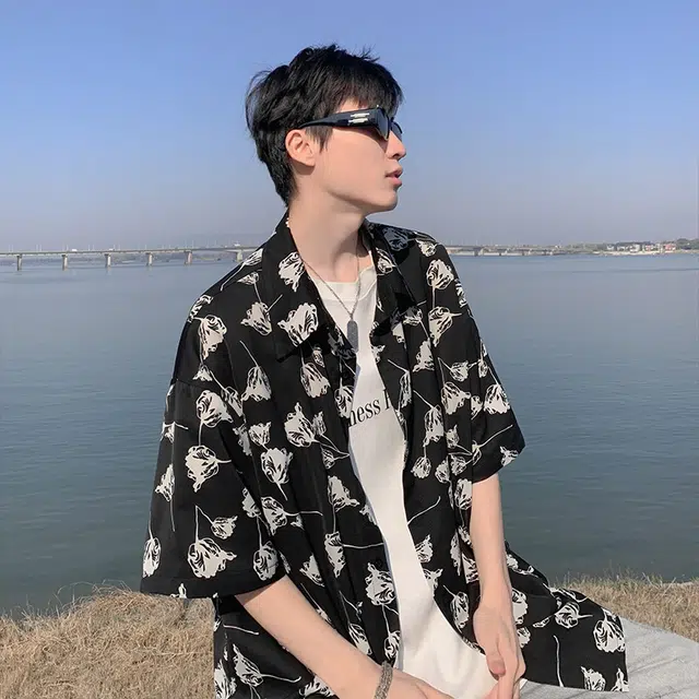 零氏 美式复古玫瑰满印宽松翻领冰感顺滑简约冰丝凉感垂感宽松高街简约衫衬衫 男女同款