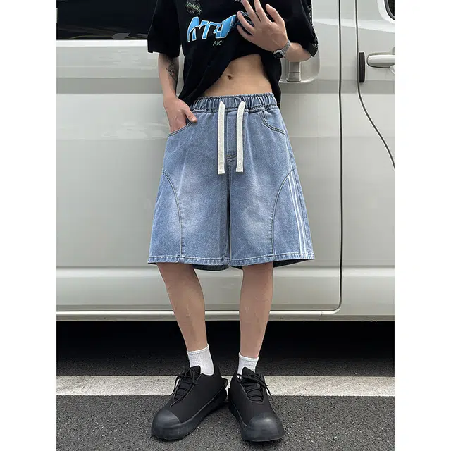 零氏 美式高街条纹设计感青春时尚潮流休闲直筒阔腿水洗五分裤子牛仔短裤 男女同款