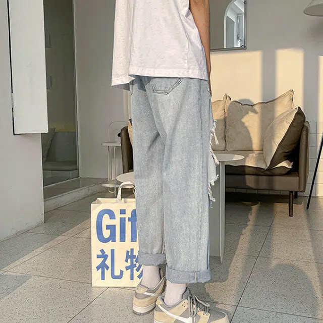 零氏  美式复古水洗膝盖破洞垂感宽松阔腿休闲薄款牛仔裤 男女同款