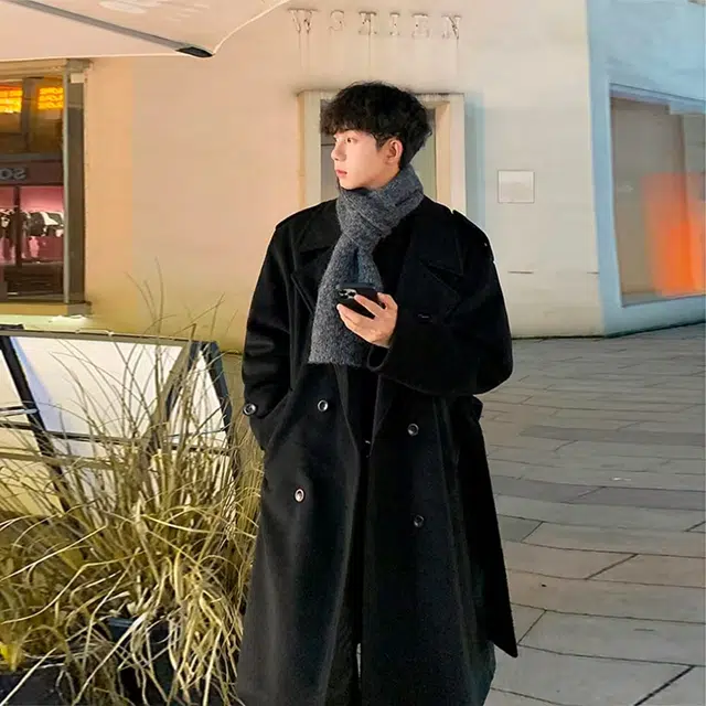 零氏 美式复古经典简约纯色双排扣腰带设计高级感翻领休闲宽松百搭长款过膝通勤厚款毛呢大衣 男女同款