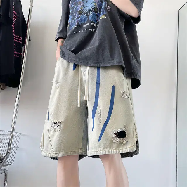 零氏 美式复古夏季高街潮流破洞多元素彩纹设计感水洗做旧休闲百搭时尚基础直筒五分牛仔短裤 男女同款