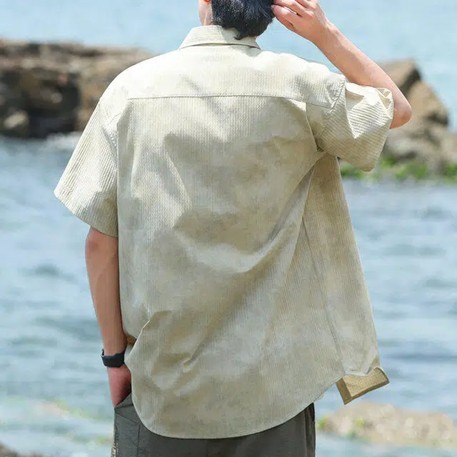 零氏 美式复古大码扎染学院风宽松薄款亲肤舒适透气肌理感纽扣翻领短袖衬衫 男女同款