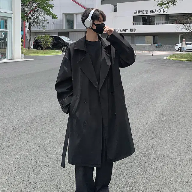 零氏 高街潮牌经典高级感纯色简约潮流时尚宽松百搭气质中长款双排扣长袖外套风衣 男女同款
