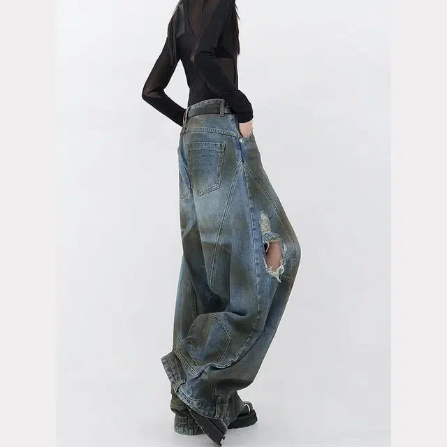 零氏 美式复古潮流小众结构弯刀裤水洗做旧破洞宽松阔腿工装牛仔裤 男女同款