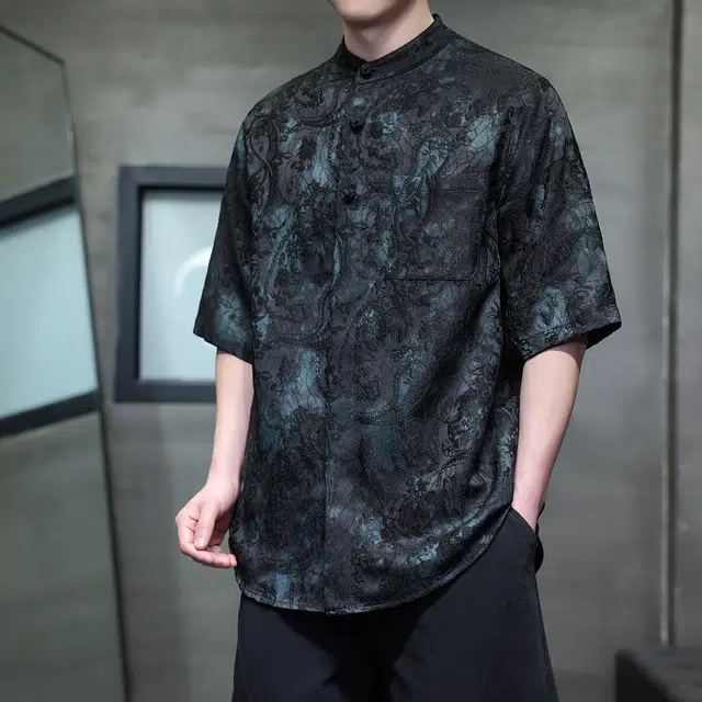 零氏 中国风新中式三粒扣立体提花设计高级感扎染透气薄款大码宽松休闲时尚舒适通勤百搭日常小众立领短袖衬衫 男女同款