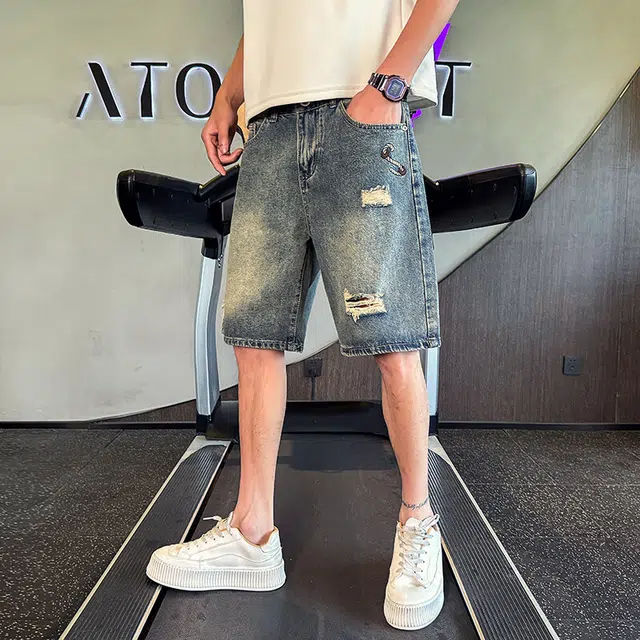零氏 夏季潮流破洞设计时尚宽松百搭基础经典潮牌休闲薄款中裤五分牛仔短裤 男女同款