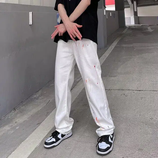 零氏 美式复古高街潮流泼墨设计宽松百搭时尚长裤垂感休闲直筒牛仔裤 男女同款