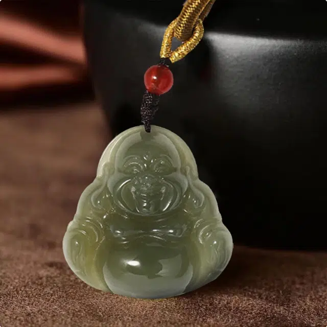 妈妈的礼物 笑脸佛公 国潮 大肚佛弥勒佛 平安转运招财纳福 和田玉 手工编织绳  项链 女款 青白玉