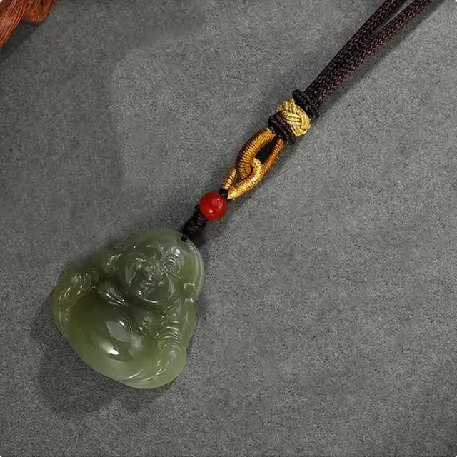 妈妈的礼物 笑脸佛公 国潮 大肚佛弥勒佛 平安转运招财纳福 和田玉 手工编织绳  项链 女款 青白玉