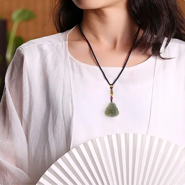 妈妈的礼物 笑脸佛公 国潮 大肚佛弥勒佛 平安转运招财纳福 和田玉 手工编织绳  项链 女款 青白玉