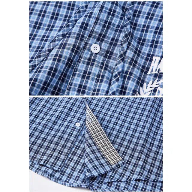 欧路得 欧路得 蓝格纹徽章印花连帽男女秋季拼接撞色长袖宽松廓形开衫外套潮衬衫 男款