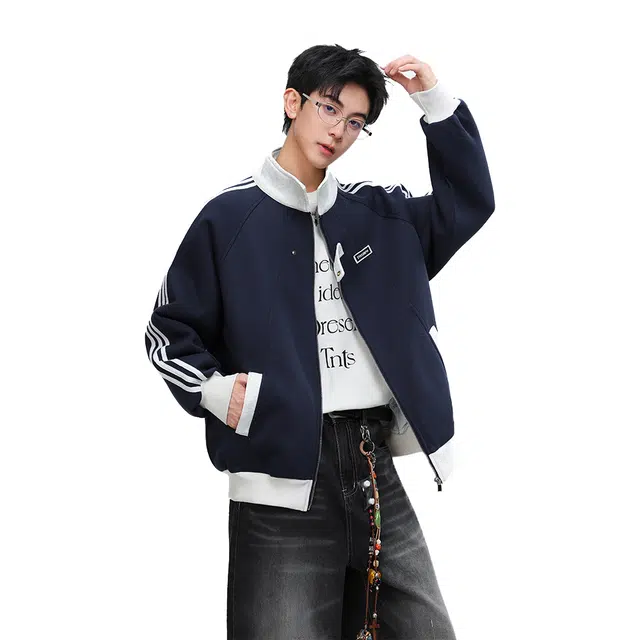 欧路得 欧路得 美式三条杠拼接卫衣男高级感慵懒风外套潮牌学院风痞帅上衣夹克 男款