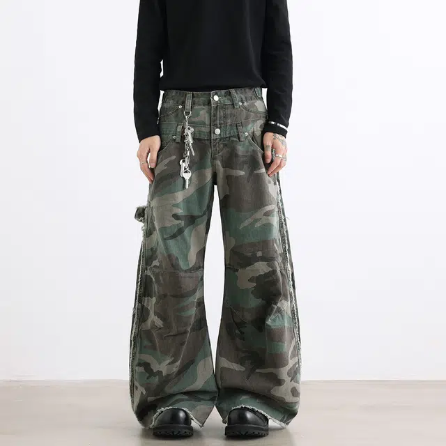 欧路得 设计双裤腰迷彩裤男秋美式宽松做旧高街百搭痞帅个性裤子牛仔裤 男款