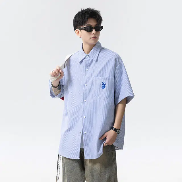 欧路得 日系少年感刺绣条纹薄款宽松慵懒风休闲衬衣外套短袖衬衫 男款