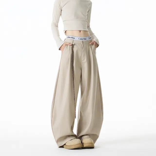 欧路得 美式复古男夏季高街打褶山本西装裤子潮牌阔腿拖地弯刀裤休闲裤 男款