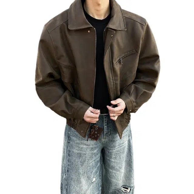 欧路得 美式短款皮衣外套男冬季潮牌小众高级感翻领工装痞帅上衣夹克 男款