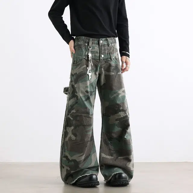 欧路得 设计感双裤腰迷彩裤男秋美式宽松做旧高街百搭痞帅个性裤子牛仔裤 男款