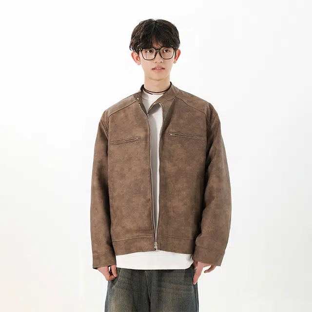 欧路得 美式做旧皮衣外套男潮牌春秋高街复古设计感痞帅立领机车夹克 男款