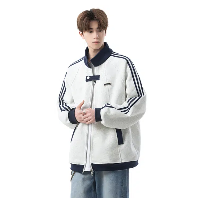 欧路得 美式撞色条纹开衫卫衣男女秋冬潮牌学院风棒球服宽松外套夹克 男款