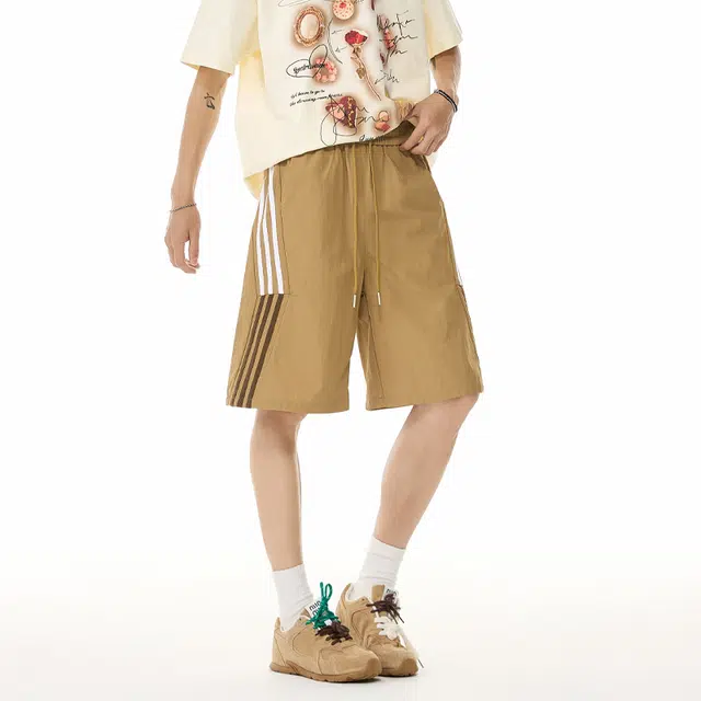 欧路得 美式撞色条纹运动夏季薄款宽松中裤潮牌简约百搭五分裤休闲短裤 男款