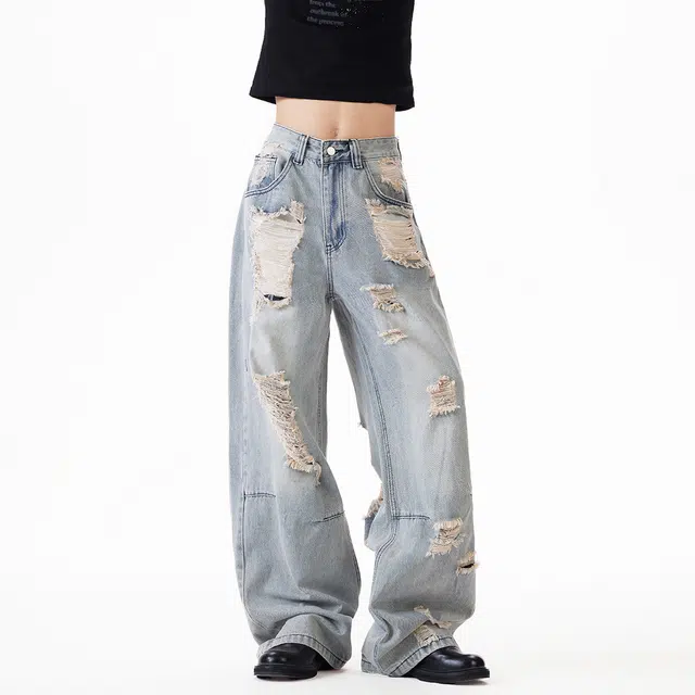 欧路得 小众高街设计感破洞弯刀男女夏季宽松显瘦休闲直筒拖地裤子牛仔裤 男款
