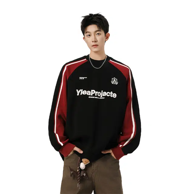 欧路得 美式学院风撞色插肩袖女男秋季字母印花上衣运动风圆领套头衫卫衣 男款