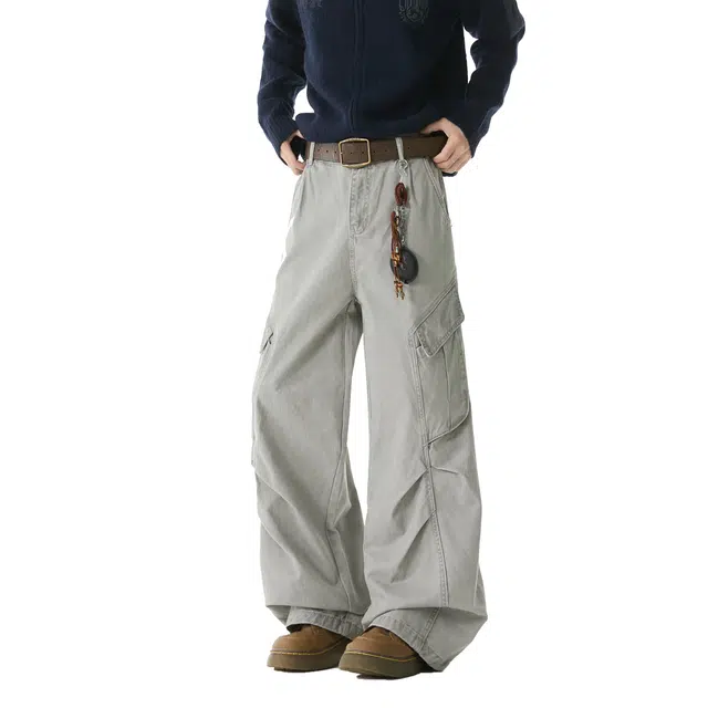 欧路得 欧路得 美式多口袋工装男女秋季潮牌宽松褶皱阔腿裤设计感伞兵裤子牛仔裤 男款
