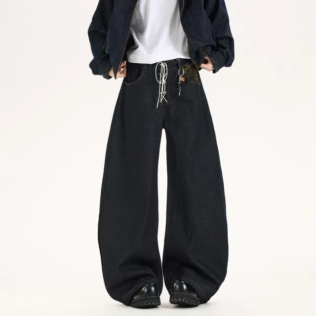 欧路得 美式复古吊坠绑带豹纹拼接设计阔腿秋冬女宽松直筒拖地长裤牛仔裤 男款