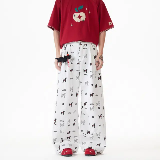 欧路得 设计感小狗满印阔腿休闲裤男女夏季垂坠感宽松显瘦弯刀直筒裤牛仔裤 男款