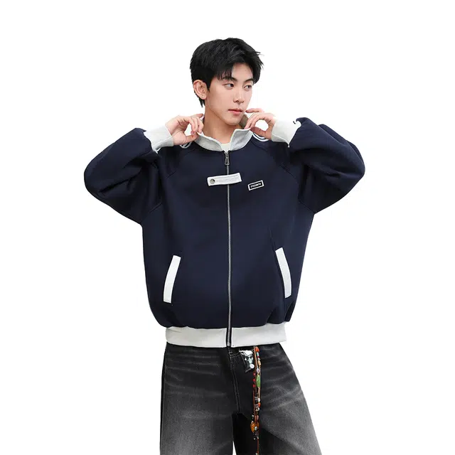 欧路得 欧路得 美式三条杠拼接卫衣男高级感慵懒风外套潮牌学院风痞帅上衣夹克 男款