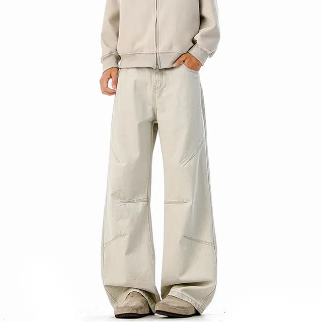 欧路得 重磅褶皱工装裤子男夏潮牌设计感直筒休闲裤美式高街阔腿拖地长裤牛仔裤 男款