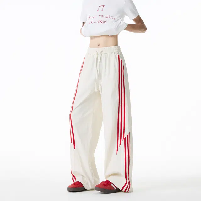 欧路得 美式高街条纹运动裤子男夏季三条杠阔腿拖地长裤潮牌直筒休闲裤 男款