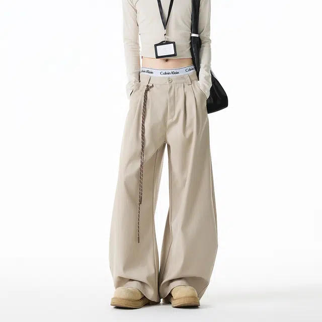 欧路得 美式复古男夏季高街打褶山本西装裤子潮牌阔腿拖地弯刀裤休闲裤 男款